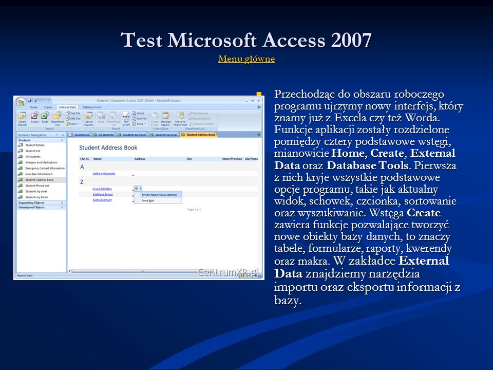 Test Microsoft Access 2007 Menu główne