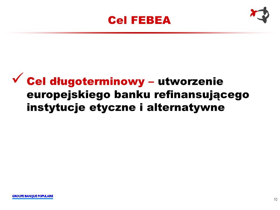Cel FEBEA Cel długoterminowy – utworzenie europejskiego banku refinansującego instytucje etyczne i alternatywne.